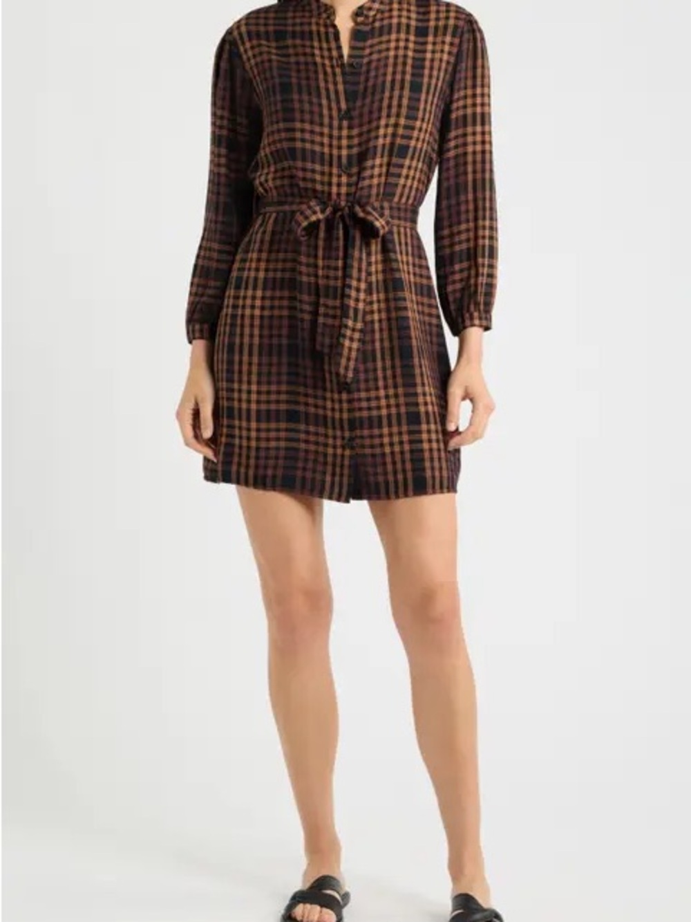cloth & stone Button Front Plaid Tie-Waist Mini Dress
